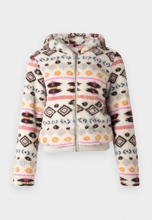 Felpa con zip in pile, caratterizzata da un vivace motivo geometrico in crema, nero, rosa, blu e arancione. Include un cappuccio foderato e polsini a costine.