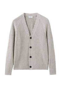 Szary prążkowany sweter na guziki z dekoltem w serek, z pięcioma czarnymi guzikami oraz długimi rękawami z prążkowanymi mankietami i wykończeniem. Miękka tekstura i casualowy design.