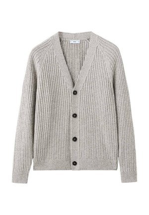 Sivý rebrovaný pletený kardigan s výstrihom do V, piatimi čiernymi gombíkmi a dlhými rukávmi s rebrovanými manžetami a lemom. Mäkká textúra a neformálny dizajn.