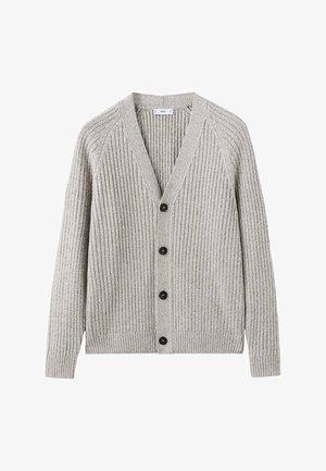 Cardigan gri din tricot cu model în dungi, cu decolteu în V, cinci nasturi negri și mâneci lungi cu manșete și margine striate. Textură moale și design casual.