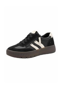 Sneakers neri realizzati in materiali scamosciati e in pelle testurizzati. Presentano tre strisce bianche, punta rotonda e una suola in gomma spessa con scanalature.