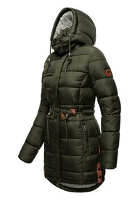 Padded olive green parka with a faux fur-lined hood, adjustable drawstrings, leather accents, and zippered pockets.