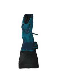 Blå och svart vattentät vinterkänga med texturerad gummisula, justerbara bungee-snören och vadderad krage för värme och komfort.