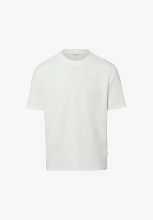 White short-sleeve crew neck T-shirt with subtle textured fabric and a small side tag.