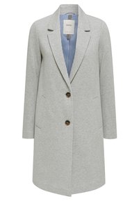 Abrigo de longitud hasta la rodilla en gris claro con dos botones oscuros, cuello con muesca, bolsillos laterales y forro interior a rayas azules.