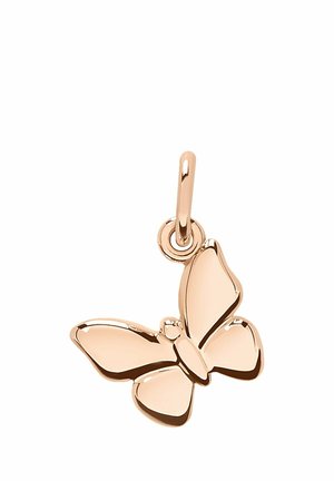 Schmetterlingsförmiger Anhänger aus Roségold mit glatten, polierten Flügeln und einer kleinen Öse zum Befestigen an einer Halskette oder einem Armband.