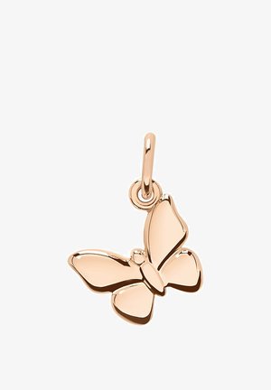 Schmetterlingsförmiger Anhänger aus Roségold mit glatten, polierten Flügeln und einer kleinen Öse zum Befestigen an einer Halskette oder einem Armband.