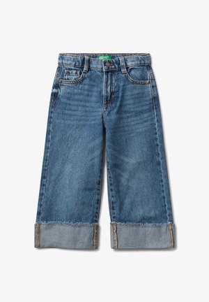 Blaue Jeans im weiten Schnitt aus Denim mit fünf Taschen, säuberlich genähten Säumen und einem Knopfverschluss. Leicht zerkratzte Textur mit kontrastierenden Nähten.
