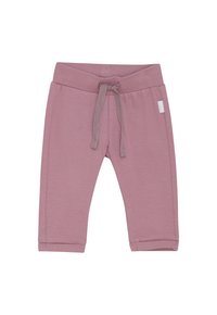 Mauve spodnie dla małych dzieci z elastycznym pasem i materiałowym sznurkiem, z małą białą metką marki po prawej stronie.