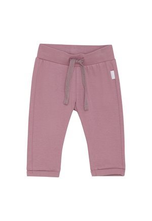 Mauve peuterbroek met elastische tailleband en stoffen strikkoord, met een klein wit merklabel aan de rechterkant.
