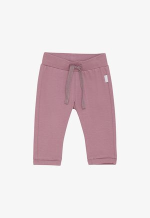 Mauve peuterbroek met elastische tailleband en stoffen strikkoord, met een klein wit merklabel aan de rechterkant.