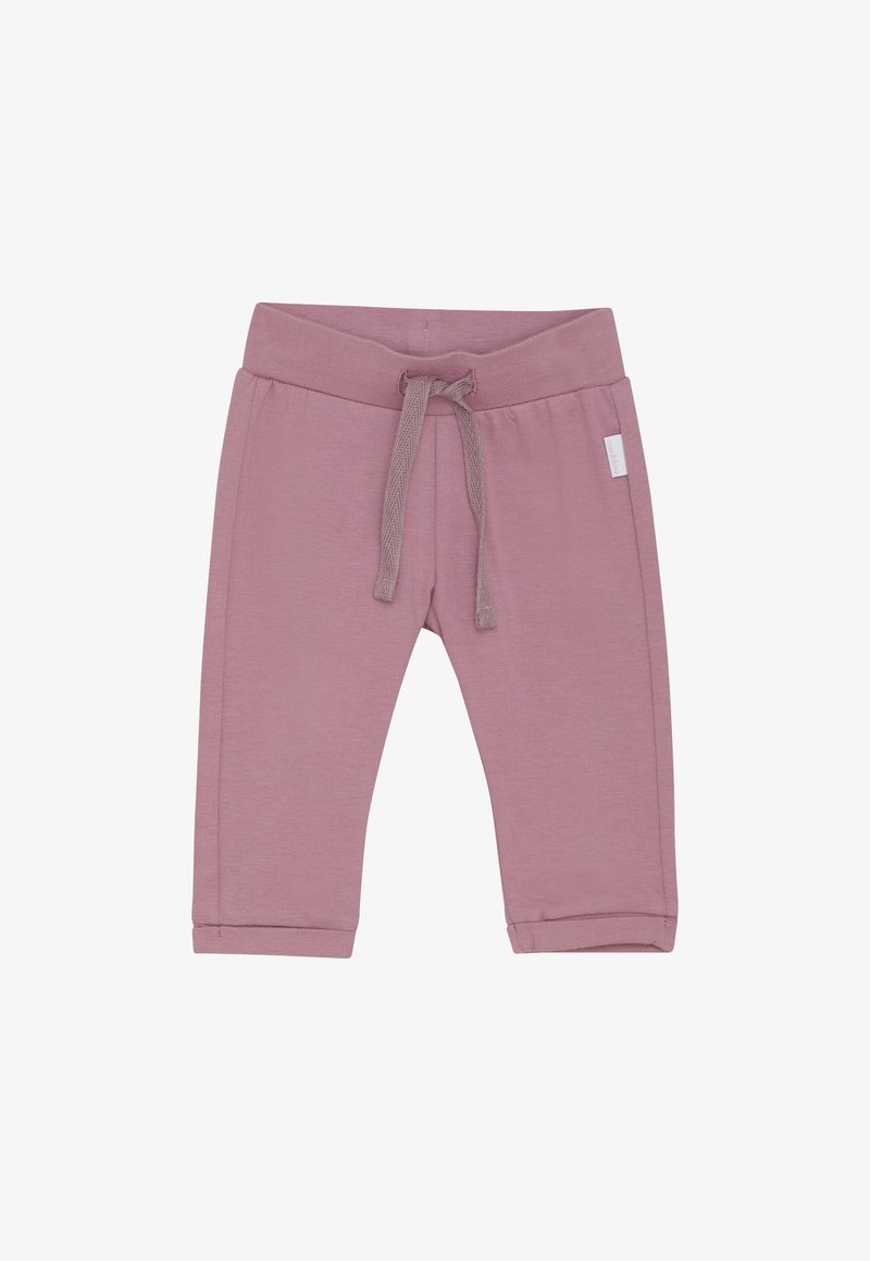 Pantalon mauve pour tout-petits avec une taille élastique et un cordon en tissu, comportant une petite étiquette blanche de la marque sur le côté droit.