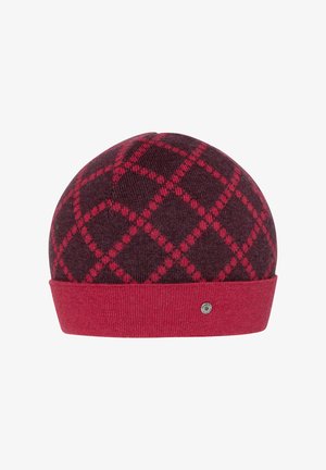 Beanie lavorato a maglia di colore viola scuro con un motivo a diamante rosso e rosa. Presenta una larga fascia rossa nella parte inferiore e un piccolo logo metallico.