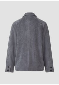 Gray corduroy jacket featuring a classic collar, long sleeves, and buttoned cuffs, with a textured vertical stripe pattern.