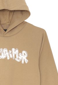 Felpa con cappuccio color tan con testo stilizzato ricamato bianco "REIMA" sul davanti e cuciture del cappuccio e delle spalle visibili su sfondo bianco.