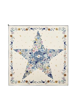 Vierkant stof met een grote bloemige ster in het midden en een rand van verschillende bloemen op een crèmekleurige achtergrond met kleine gouden sterren.
