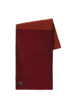Knitted rectangular scarf featuring dark brown and red stripes, with a ribbed design and a small logo tag in the lower corner.