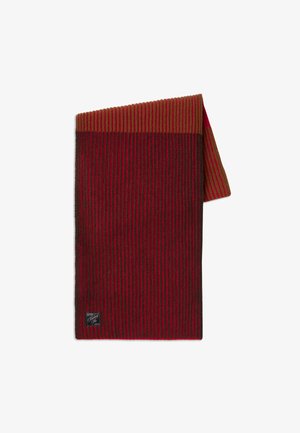 Gestreifte rechteckige Strickschal in Dunkelbraun und Rot, mit einem gerippten Design und einem kleinen Logo-Tag in der unteren Ecke.