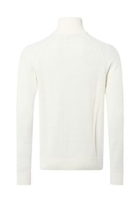 Suéter blanco de cuello alto con mangas largas y un diseño ajustado. Cuenta con un cuello alto y mangas raglán sin costuras.