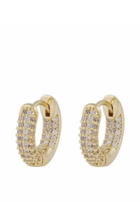 Guldörhängen med många små runda vita diamanter på framsidan och insidan, fotograferade mot en vit bakgrund.