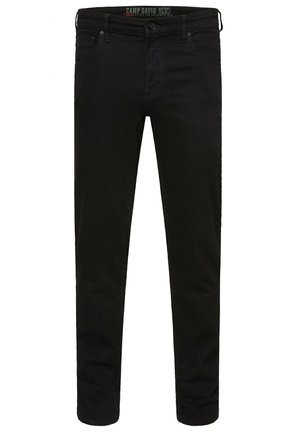 Zwarte denim jeans met een slim fit, voorzien van een knoop- en ritssluiting, een vijf-pocketdesign en contrasterende stiksels op de zakken.