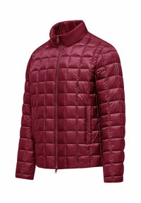 Giacca imbottita trapuntata color bordeaux con colletto alto, chiusura con zip e tasche laterali; tessuto liscio e lucido con dettagli a motivo quadrato.