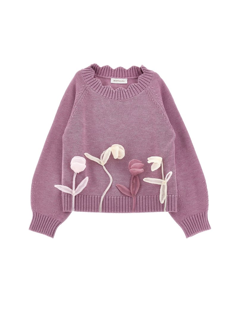 Maglione viola a maglia con collo rotondo a costine, caratterizzato da ricami floreali in rosa, bianco e giallo chiaro sul davanti.