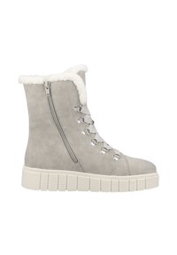 Graue Wildleder-Stiefelette mit einem Kunstfellrand, seitlichem Reißverschluss, schnürbarem Vorderteil mit metallischen Ösen und einer strukturierten weißen Plateausohle.