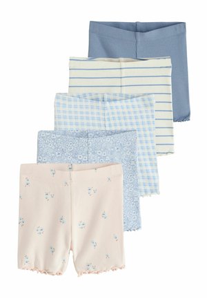 Vijf paar opgevouwen babyshorts in pasteltinten en patronen, waaronder effen blauw, gestreept, ruitjes, bloemen en kleine bloemenprints.
