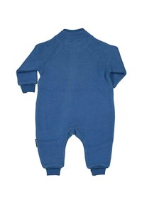 Sininen, pitkähihoinen haalari pehmeästä kankaasta. Siinä on resoroidut hihansuut ja pyöreä pääntie. Sileä pinta, rento istuvuus, eikä näkyviä kiinnityksiä.