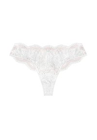 Biała koronkowa stringi z kwiatowymi wzorami, falbaniastymi brzegami i gładkim tyłem. Miękka, przezroczysta tekstura z jasnoróżowymi akcentami.