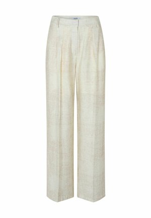 Wide-leg trousers in a light creamy color with a subtle textured pattern, featuring pleats and a straight cut for a relaxed fit.