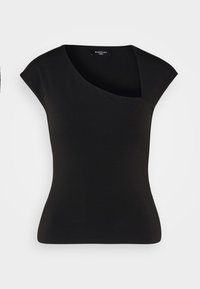Top negro ajustado con manga corta, escote asimétrico y textura suave. Fabricado con material elástico para un ajuste cómodo.