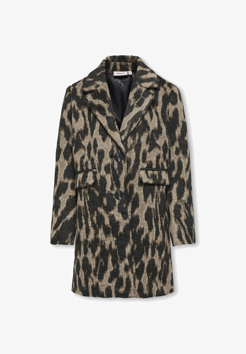 Lungo cappotto con stampa leopardata, colletto con risvolto, due bottoni neri e due tasche frontali con patta su sfondo bianco.