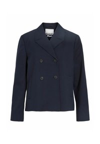 Blazer bleu marine croisé à larges revers, quatre boutons noirs et deux poches avant, étiqueté "ROUGE EDIT".