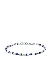 Braccialetto in perline con link in metallo argentato e perle in ceramica blu, con motivi alternati di forme rotonde e cilindriche. Chiusura a gancio.