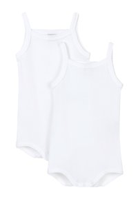 Dois bodysuits brancos de algodão com alças finas, apresentando um acabamento em picot e fechos de pressão na parte inferior. Textura suave e lisa.