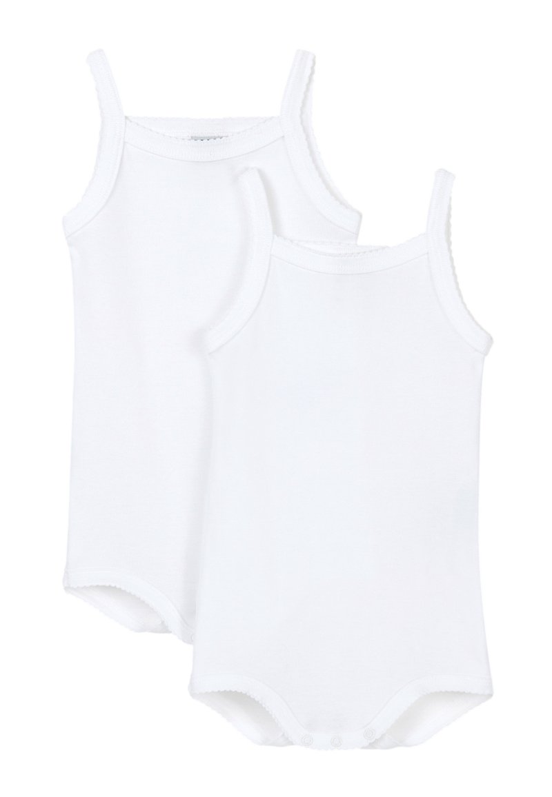 Dois bodysuits brancos de algodão com alças finas, apresentando um acabamento em picot e fechos de pressão na parte inferior. Textura suave e lisa.