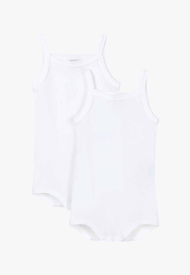 Dva beli bombažna bodije s tankimi naramnicami, ki imajo valovit rob in zapiranje na dnu z gumbi. Mehka, gladka tekstura.