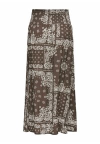 Jupe midi marron avec motif patchwork paisley et floral blanc, dotée d’une taille haute smockée et d’un tissu fluide.
