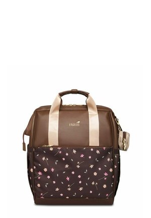 Brown and beige backpack with floral pattern front pocket, beige handles, and small attached pouch on the side.