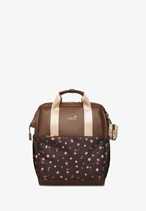 Brown and beige backpack with floral pattern front pocket, beige handles, and small attached pouch on the side.