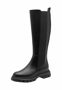 Botte noire jusqu'au genou en cuir lisse avec des panneaux élastiques sur les côtés, une semelle en caoutchouc épaisse et un design de bout arrondi.