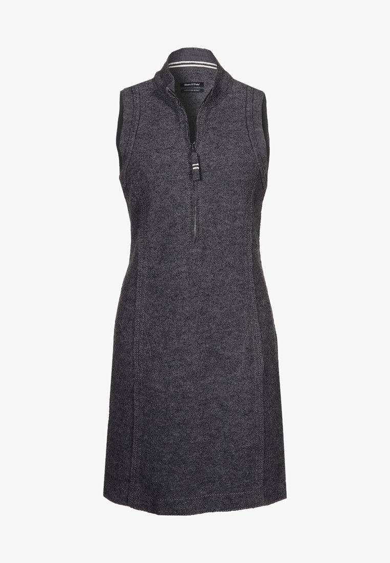 Robe sans manches en mélange de laine gris foncé avec col montant et fermeture zippée moitié devant, coupe ajustée, longueur genou.
