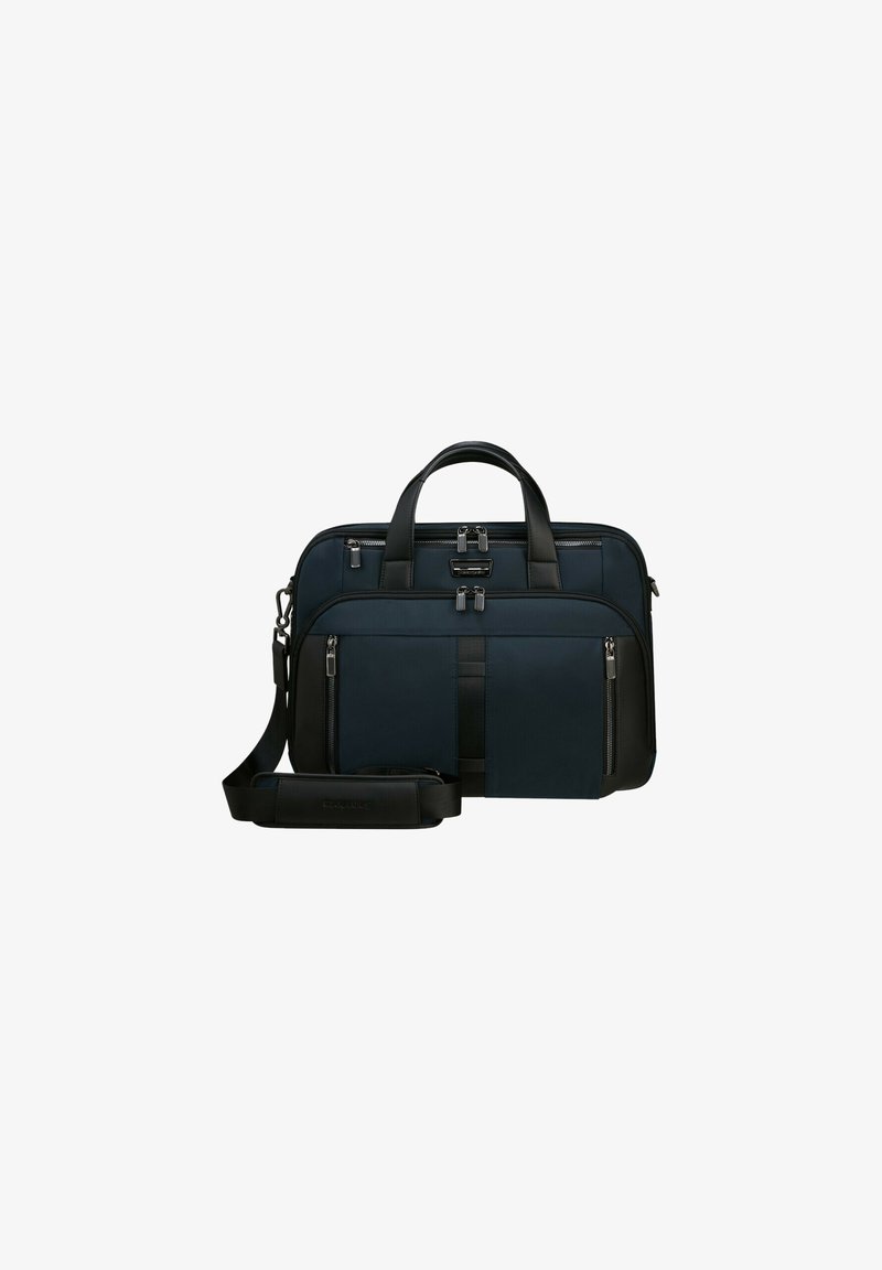 Schwarze und marineblaue Stoff-Umhängetasche mit zwei oberen Griffen, verstellbarem Riemen, mehreren Reißverschlussfächern und eleganten Designelementen.