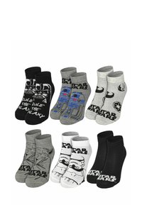 Sei paia di calzini a tema Star Wars: i colori includono nero, grigio e bianco; i disegni presentano personaggi e simboli; miscela di cotone, stile crew.