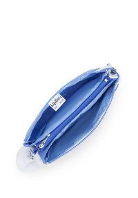 Blå tygpåse med dragkedja, som har en etikett inuti och en fluffig pom-pom som detalj. Inuti finns det två fack.