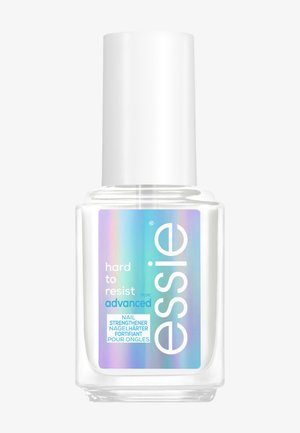 Flacon de fortifiant pour les ongles Essie Hard to Resist Advanced, avec un bouchon blanc et une étiquette irisée bleue et violette.