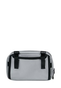 Graue Aufbewahrungstasche mit schwarzen Akzenten, Reißverschluss und zwei Griffen oben. Hergestellt aus strapazierfähigem Material mit glatter Textur und rechteckiger Form.