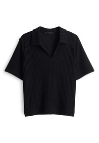 Zwart geribbeld brei T-shirt met korte mouwen en een V-halslijn en brede kraag. Textuurstof met een losse pasvorm en rechte zoom.